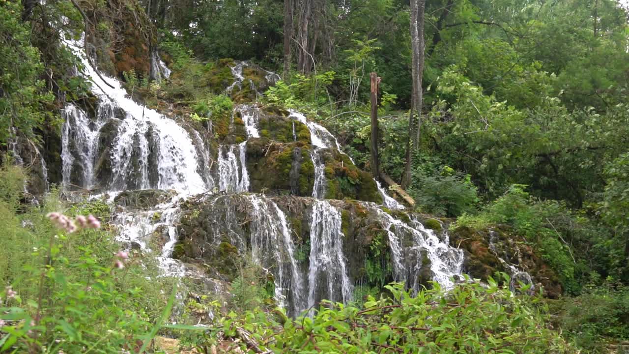 varios niveles de agua en cascada rodeados de exuberantes arbustos y árboles verdes en el parque nacional krka en croacia a ¼ de velocidad