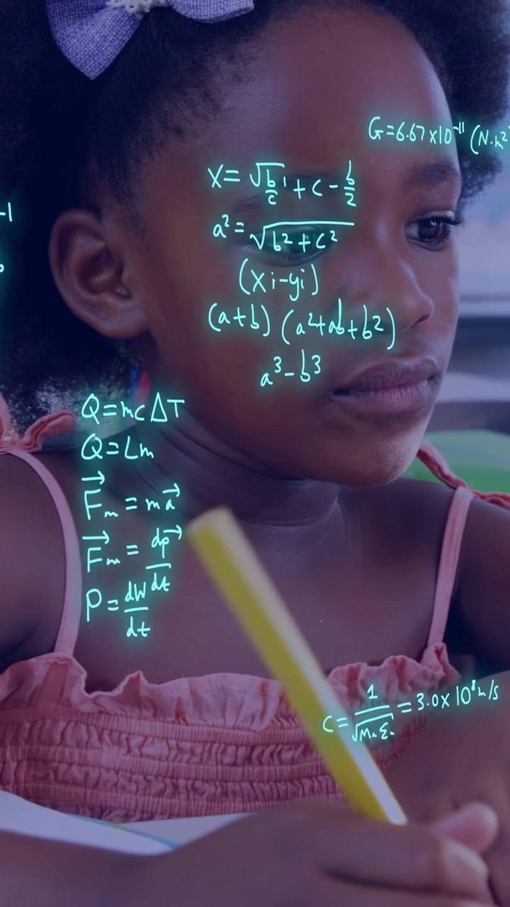 Vertical video: Girl touching paper, yellow pencil spreading equations over hands, solving math