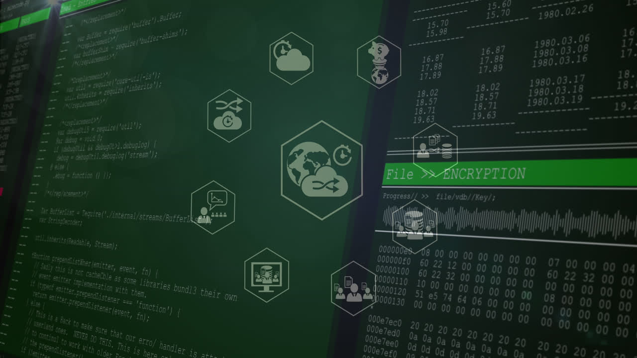 animación de iconos digitales que giran sobre el procesamiento de datos contra un fondo gris