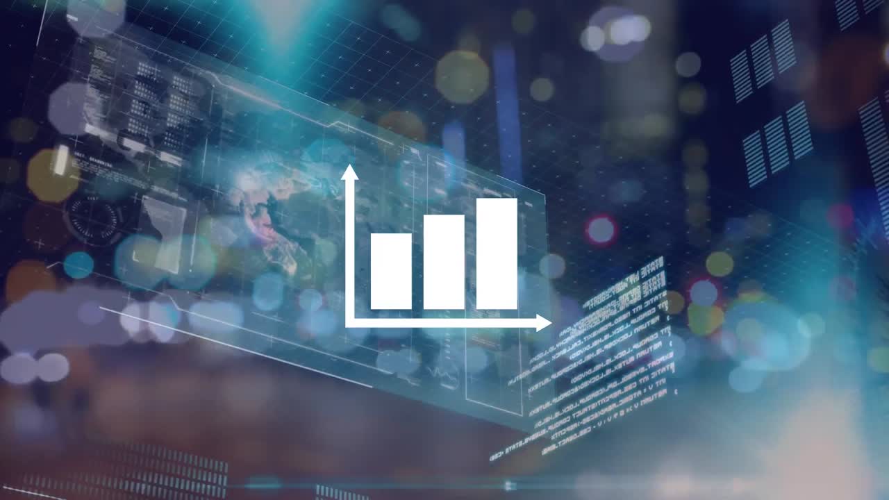 animación de estadísticas y procesamiento de datos con luces desenfocadas