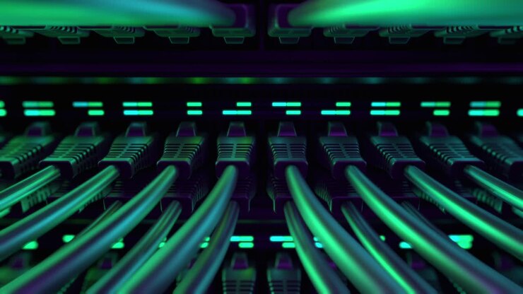 Internet Network Switch With Plugged Ethernet Cables.