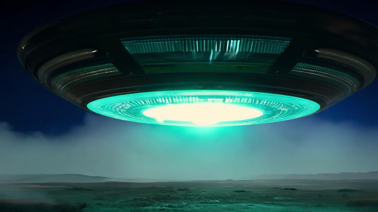 Bright ufo hovers over desert at night, emitting greenish blue light. Futuristic ambiance in dark starry sky