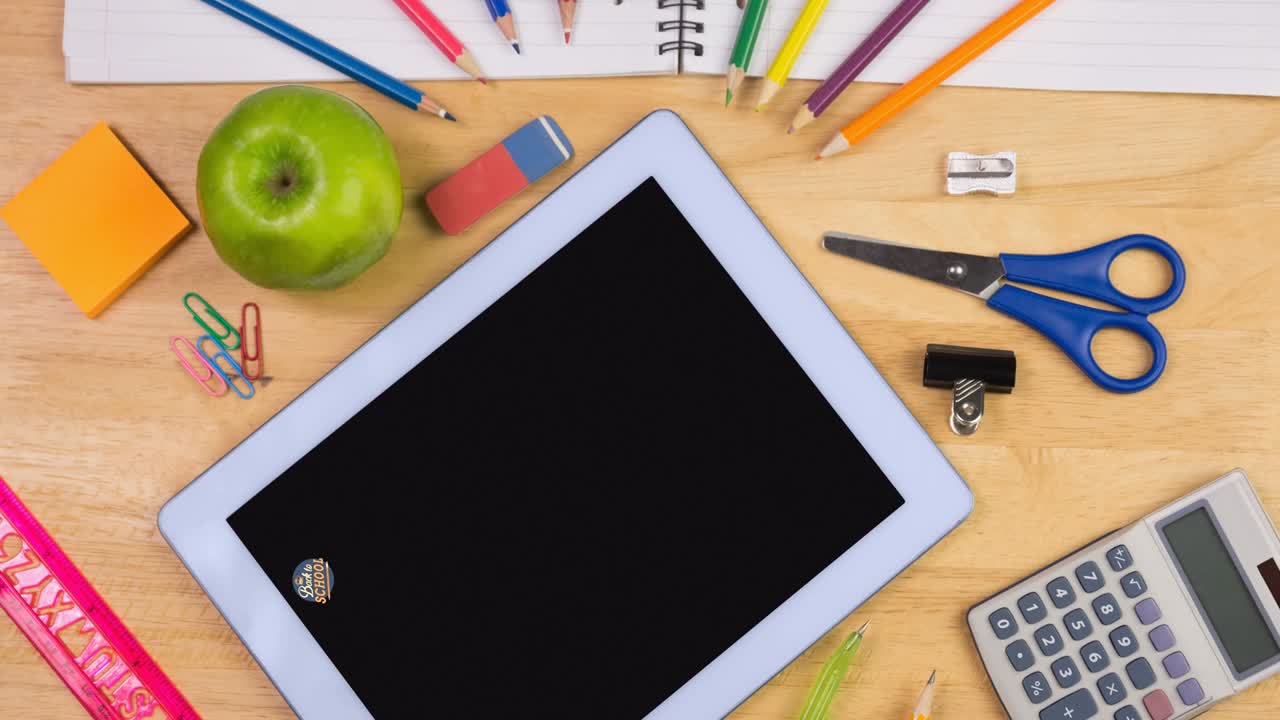 Animation of back to school text logo on blue circle moving over school equipment and tablet on wood