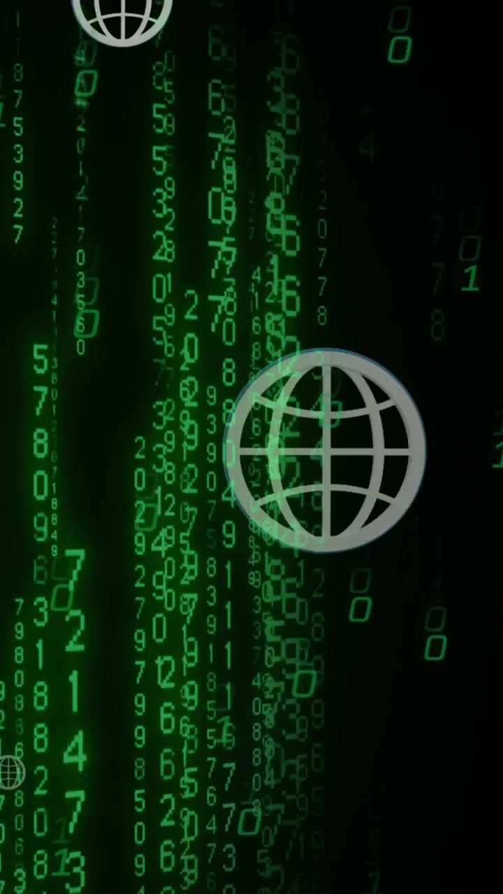 Animation of globe icons over falling changing numbers and binary codes over black background