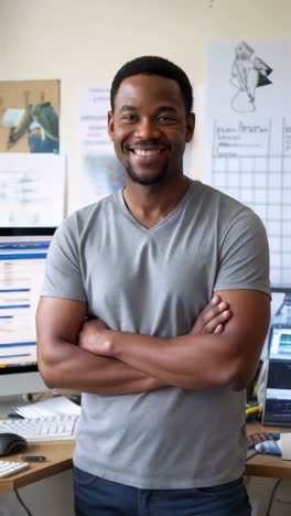 a man is smiling and wearing a gray shirt. he is standing in front of a desk with a computer monitor