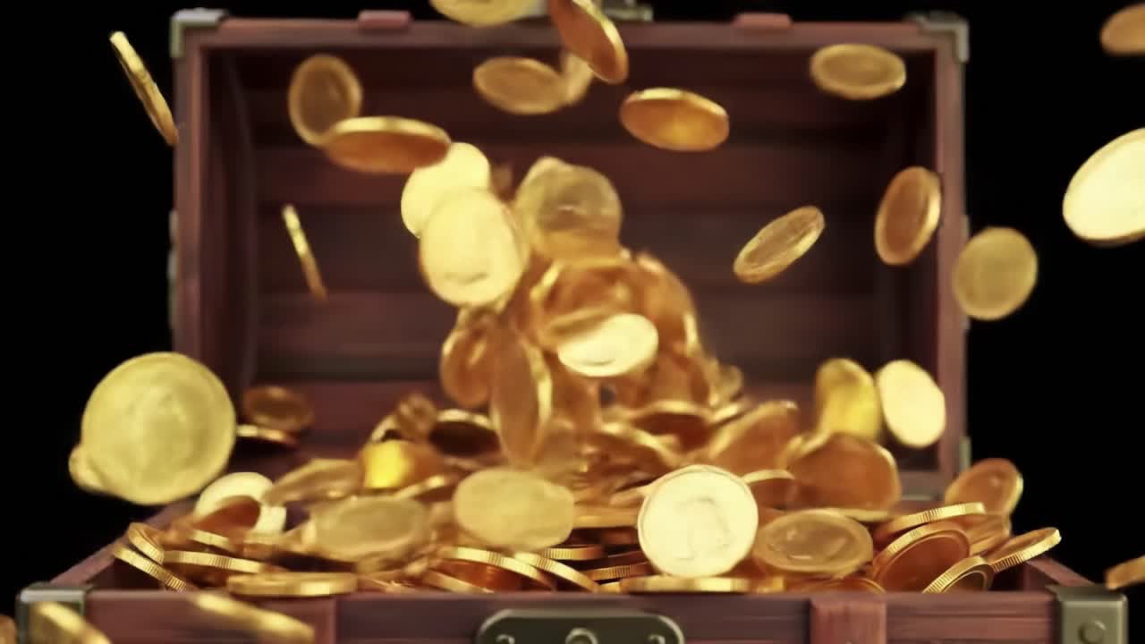 A Magical Treasure Chest Overflowing with Glimmering Gold Coins in a Dynamic Scene Captured from Start to Finish, Highlighting the Excitement and Richness Within.
