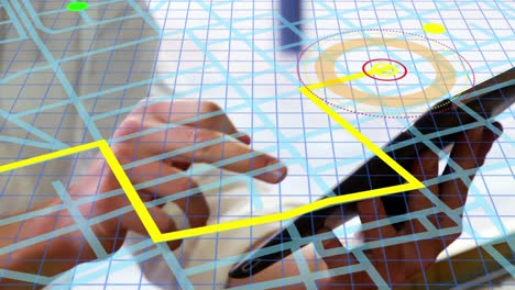 esquema de la línea de navegación del mapa contra la sección media de una persona que usa una tableta digital