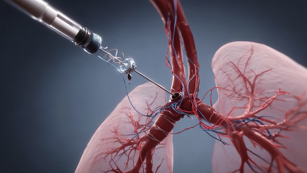 Intricate Medical Procedure in Lungs: A Close-Up of a Surgical Injection Technique Involving Precision Instruments and Vascular Structures for Advanced Health Interventions