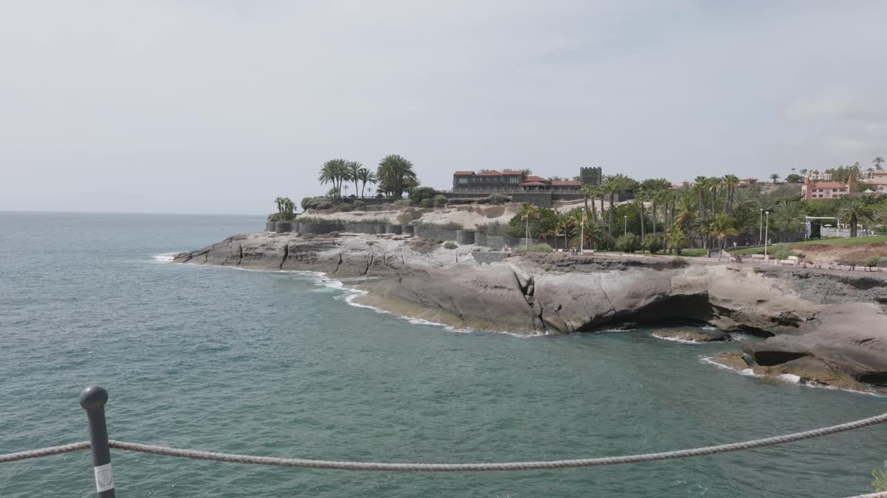 Rocks, palm trees and houses on the coast of Playa del Duque, Los Cristianos, Tenerife, Spain.
