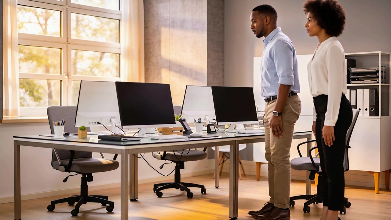 Monitor, colleghi in camicia che si alzano dalle sedie e stanno in piedi alla scrivania, con spazio per il testo.