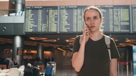 young beautiful woman standing at the airport calls on the phone on the background of the scoreboard with information about the departures.