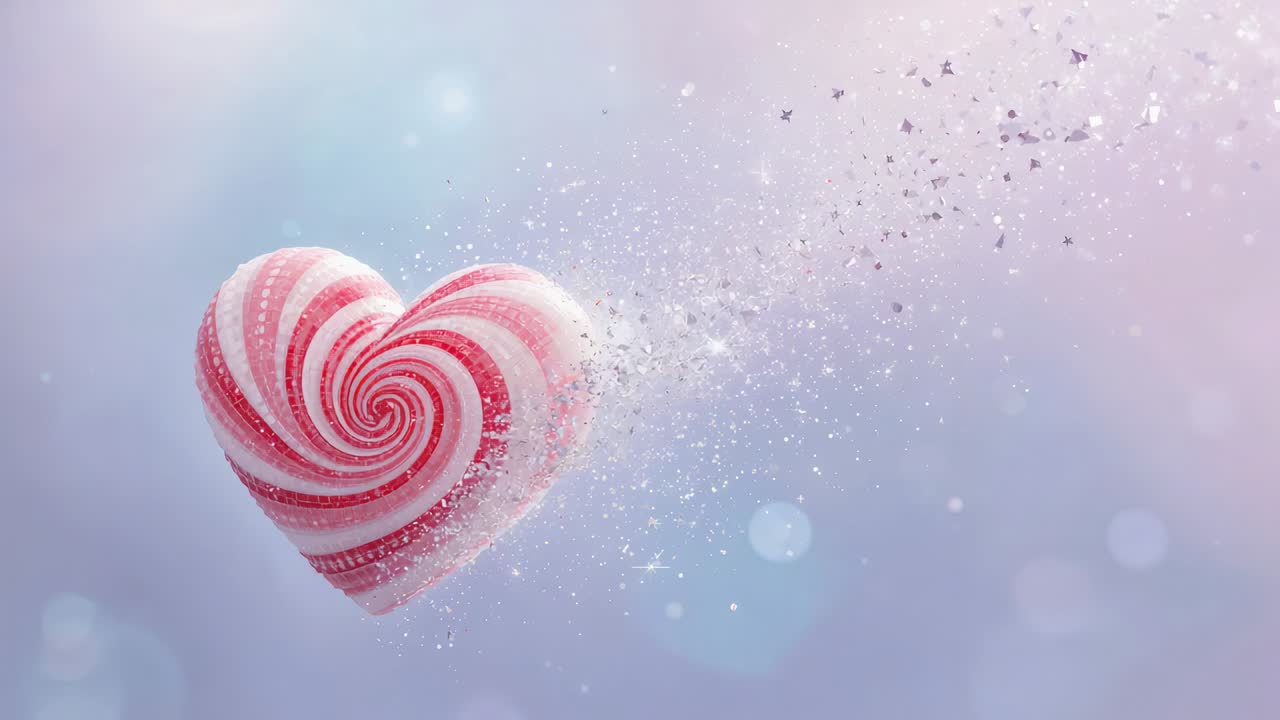 Glossy spiral heart candy emitting sparkly dust trail from heart in studio backdrop, copy space