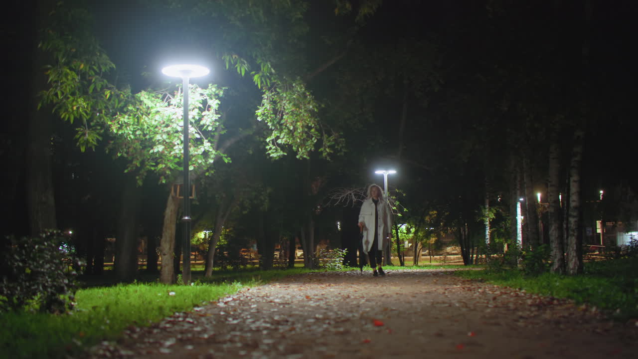Student walking peacefully along quiet park path at night surrounded by glowing lampstands and tall trees, with blurred motion of car lights in background