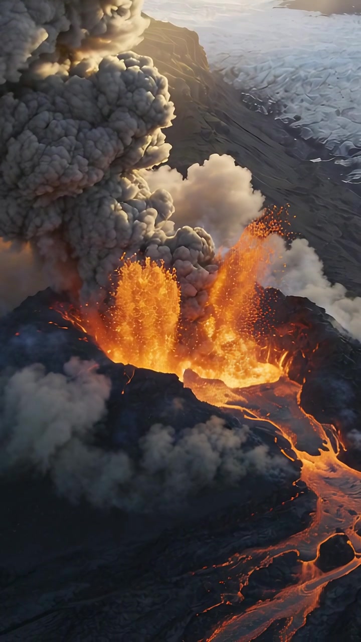 Vertical video: Rising magma pushing vent, producing lava fountains and flowing channels from above