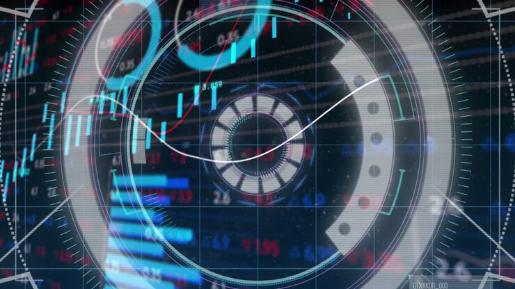 Animation of scope scanning over financial data processing on black background