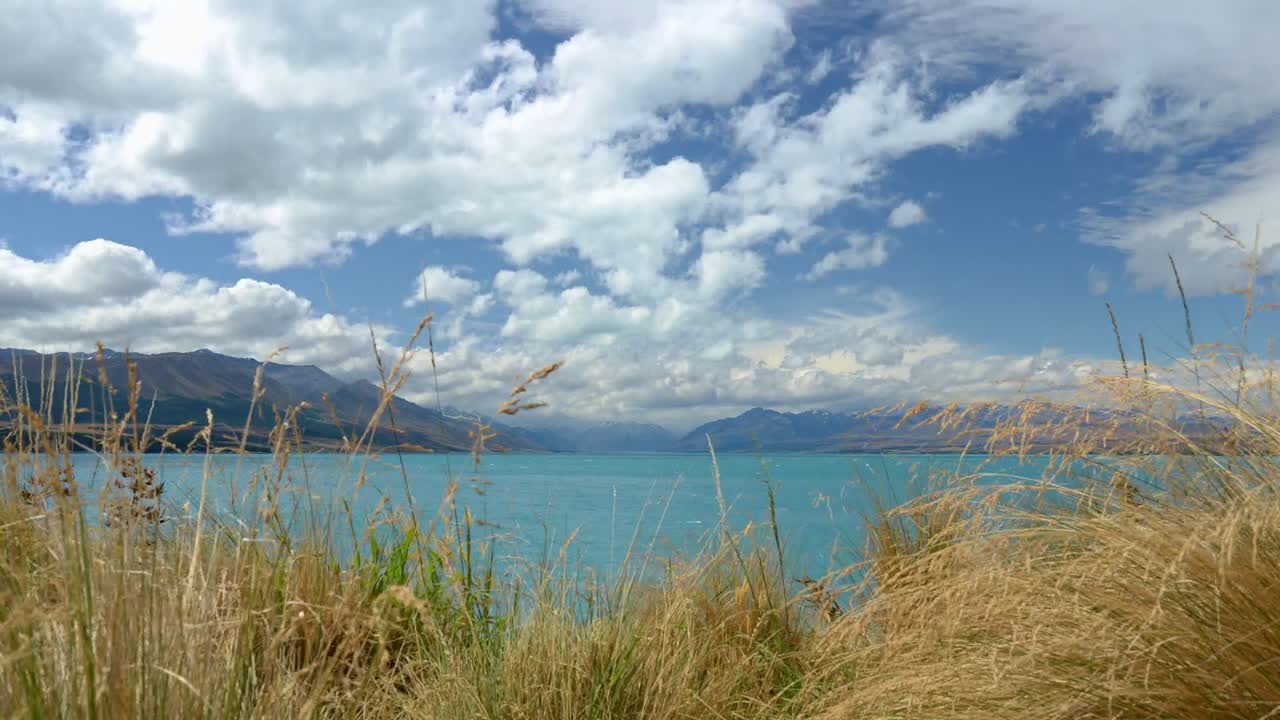 lapso de tiempo entre arbustos - nubes blancas volando sobre el lago azul pukaki, nueva zelanda