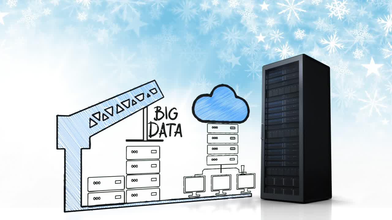 Animation of big data, network scheme and server on white and blue background with snowflakes