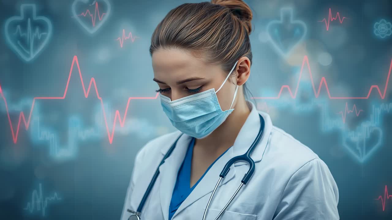 Linea ECG rosa neon che emerge e si estende su un dottore in camice da laboratorio e mascherina in un'interfaccia, stetoscopio