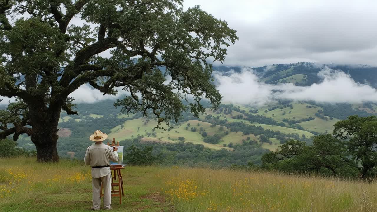 A Serene Artist Painting the Breathtaking Landscape Under the Majestic Oak Tree with Rolling Hills and Misty Clouds in the Background