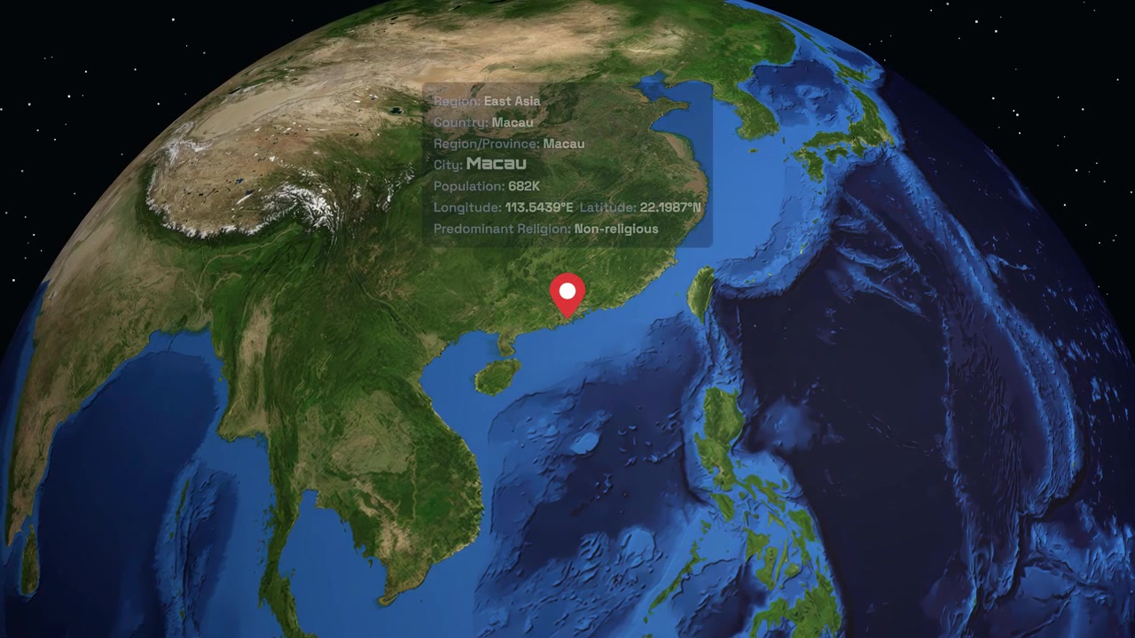 A digital globe rotates and zooms into Macau, displaying demographic and geographic information panels