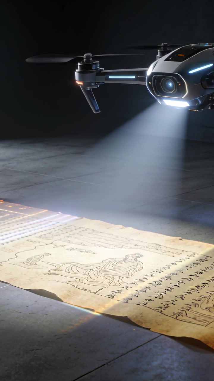 Vertical video: Hovering drone reading script on scroll in studio with spotlight on, copy space