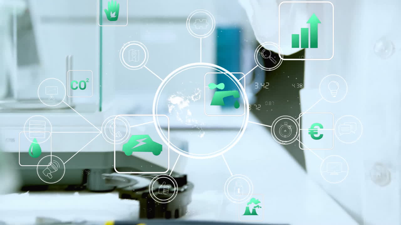 animación de globo con iconos de ecología sobre científico caucásico masculino tomando muestra