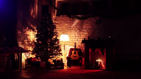 living room at new year's eve with fire place and fir in a loop video