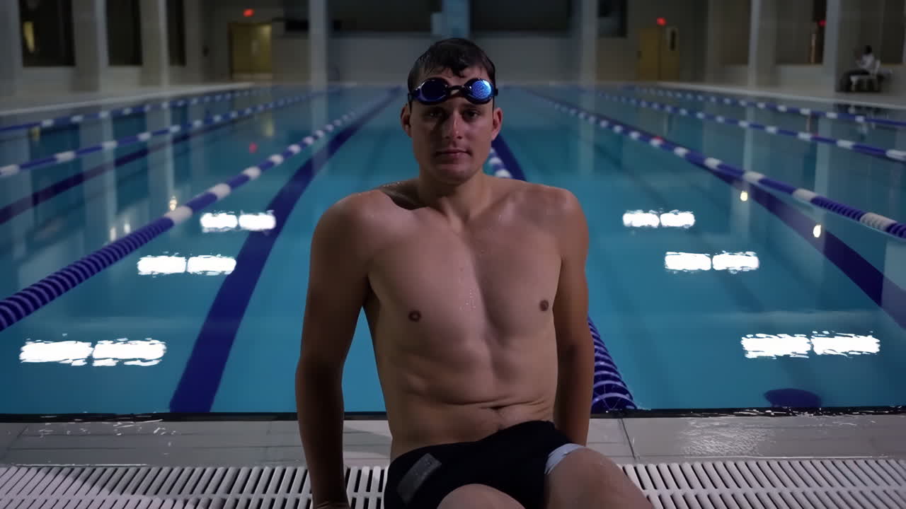 A man in goggles and swimwear sits by the edge of an indoor swimming pool