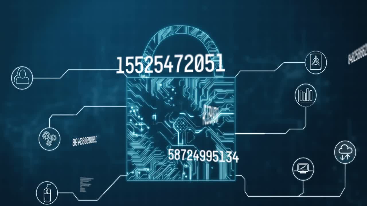 animación digital de números cambiantes sobre el icono del candado de seguridad contra un fondo azul