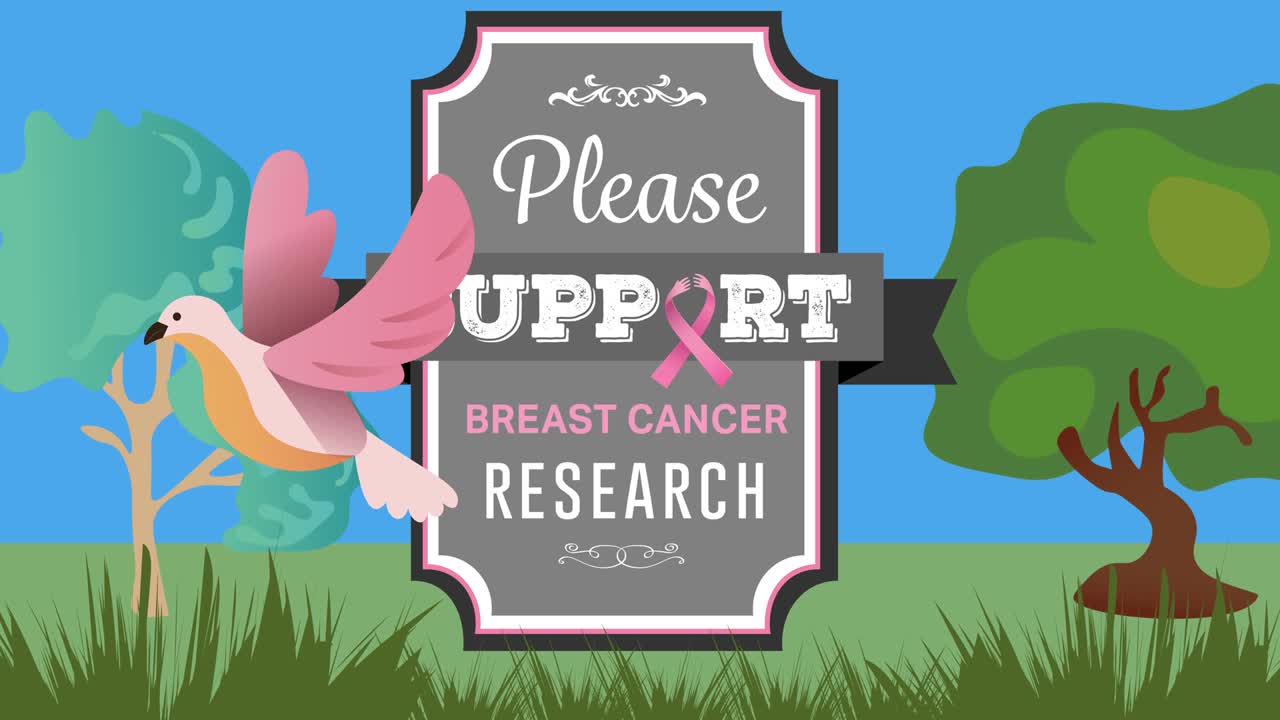 나무와 새 위에 분홍색 리본 로고와 유방암 텍스트의 애니메이션