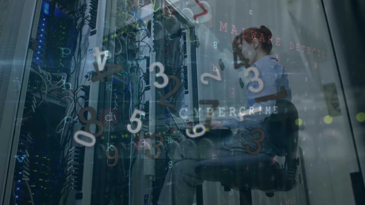 animación de procesamiento de datos digitales sobre mujeres caucásicas que trabajan en la sala de servidores