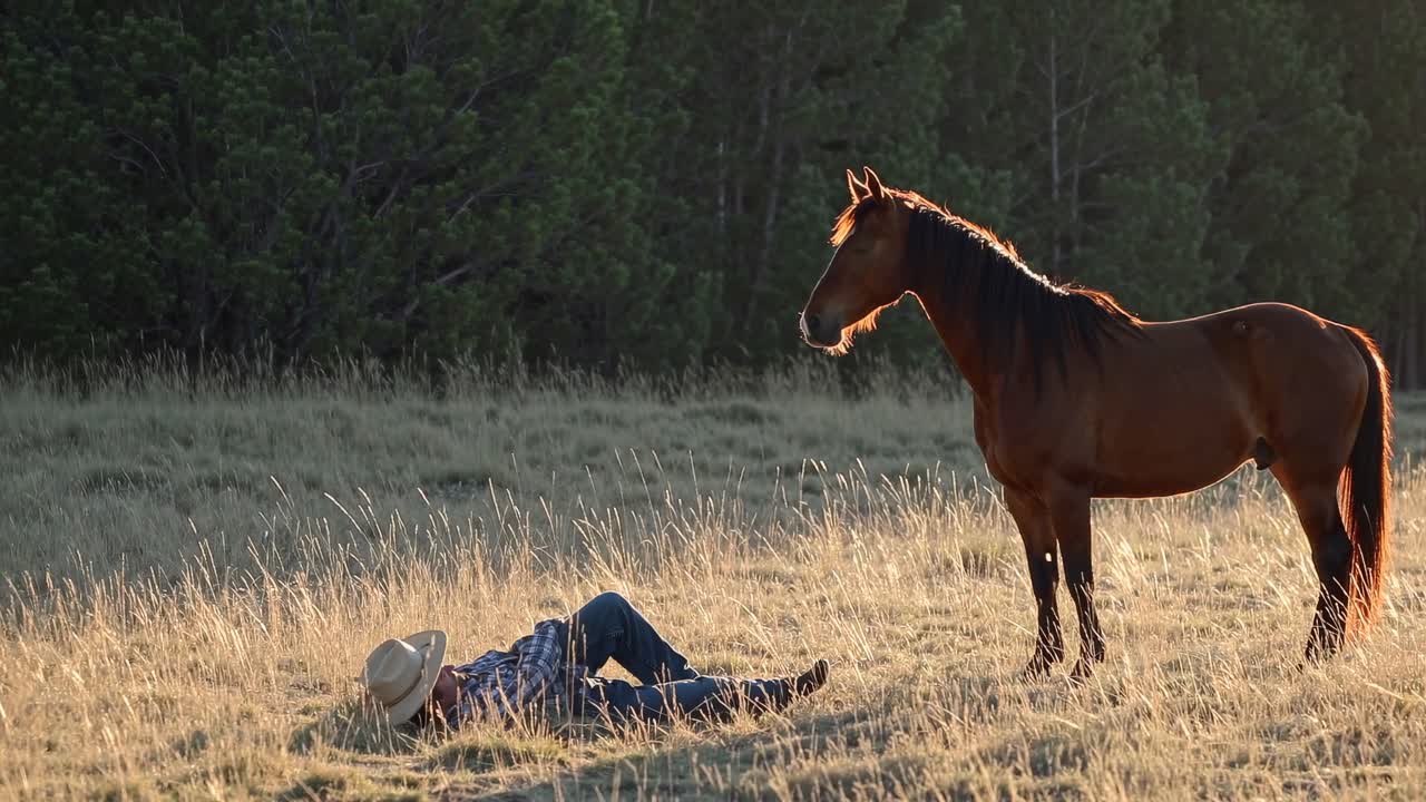 Cowboy resting in a field with a horse