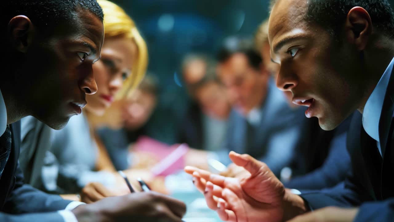 Intense Debate in Progress: Two Business Professionals Engaged in a Serious Discussion Amidst a Group Meeting with Focused Expressions and Papers Spread Across the Table