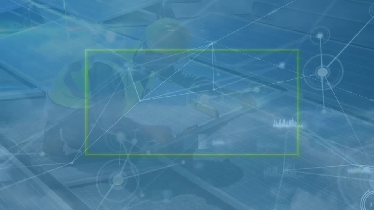 연결 네트워크를 통해 녹색 프레임의 애니메이션과 태양 패널을 통해 구름