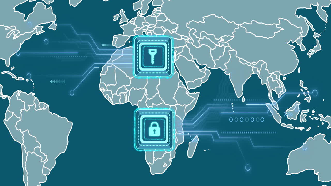 animación de la red de conexiones con iconos sobre el mapa del mundo