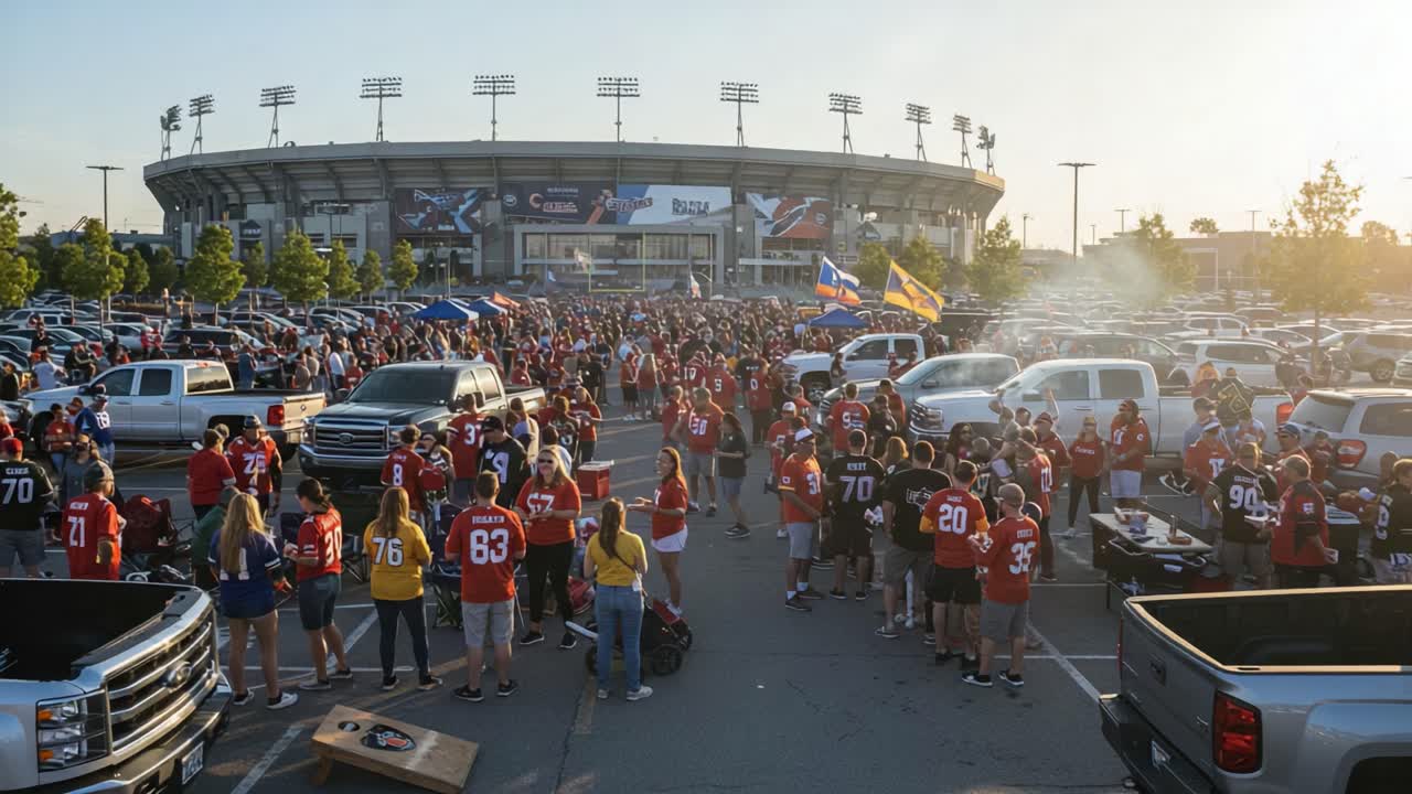 Vibrant Crowd Celebrates at a Stadium Parking Lot Before a Big Game, Families and Friends Gather, Enjoying Food, Drinks, and Each Other's Company Amidst Excitement and Anticipation