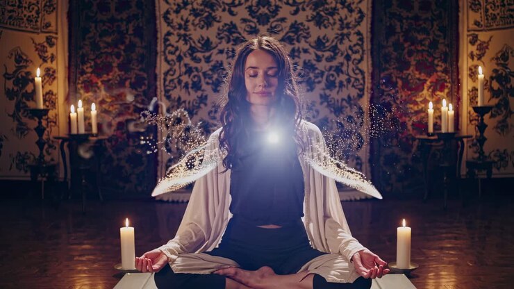 A mystical video scene shows a woman meditating with glowing energy and smoke