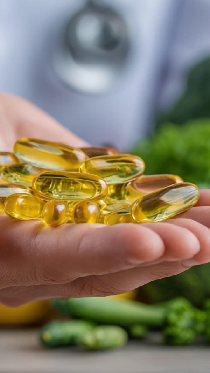 Una mano che tiene capsule softgel giallo dorato, circondata da verdure fresche, che rappresentano integratori per salute, nutrizione e benessere per uno stile di vita equilibrato