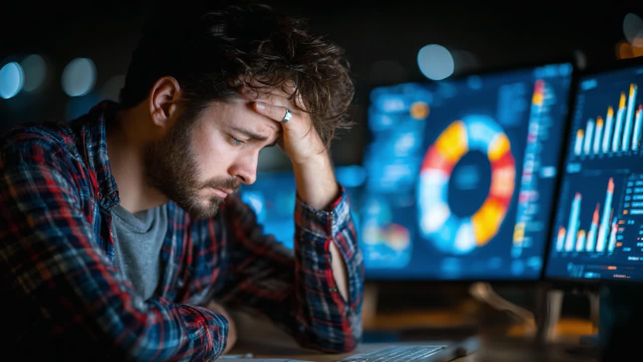 A Young Man in a Flannel Shirt Displays Signs of Stress and Frustration While Analyzing Complex Data on Multiple Computer Screens in a Dimly Lit Room