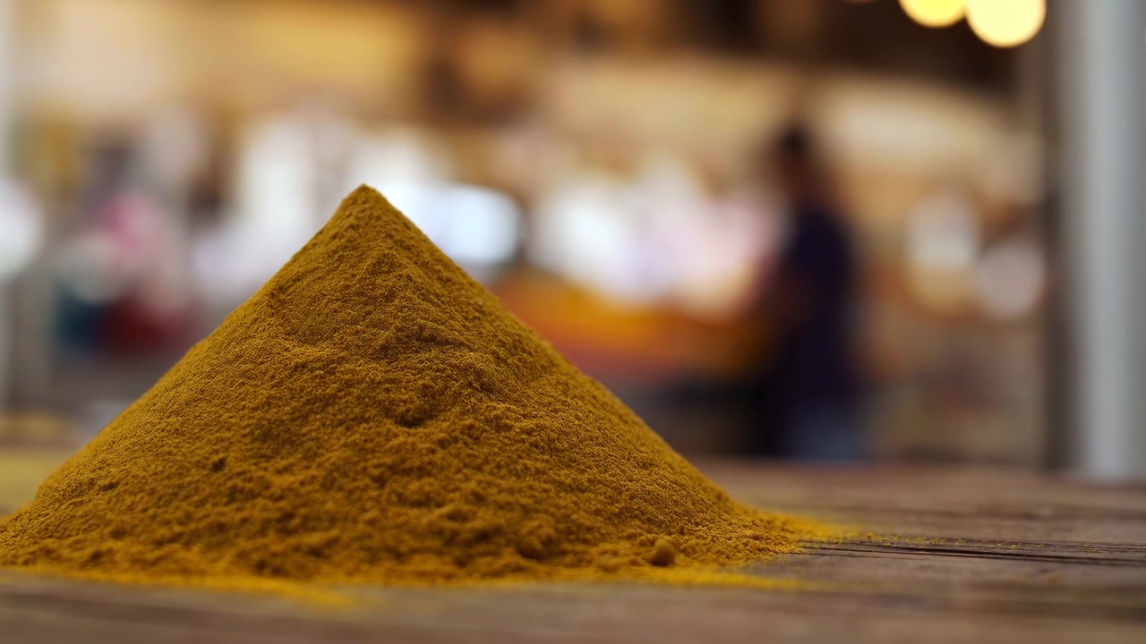 Close-up of a vibrant pyramid of spice at a bustling market stall, showcasing a casual vendor interacting with a customer. The scene is set against a clean, natural background with soft.