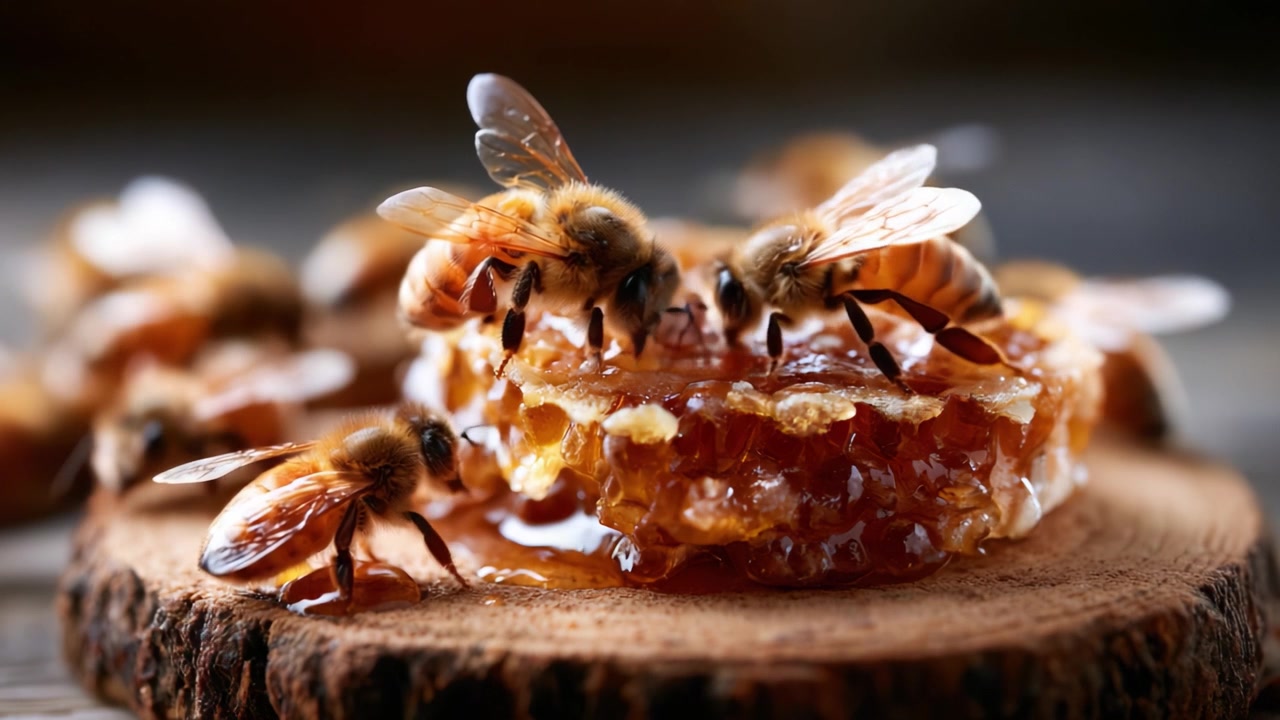 Intricate Dance of Honey Bees on a Glorious Honeycomb, Showcasing Nature's Marvel of Cooperation and Sweetness in a Serene Setting