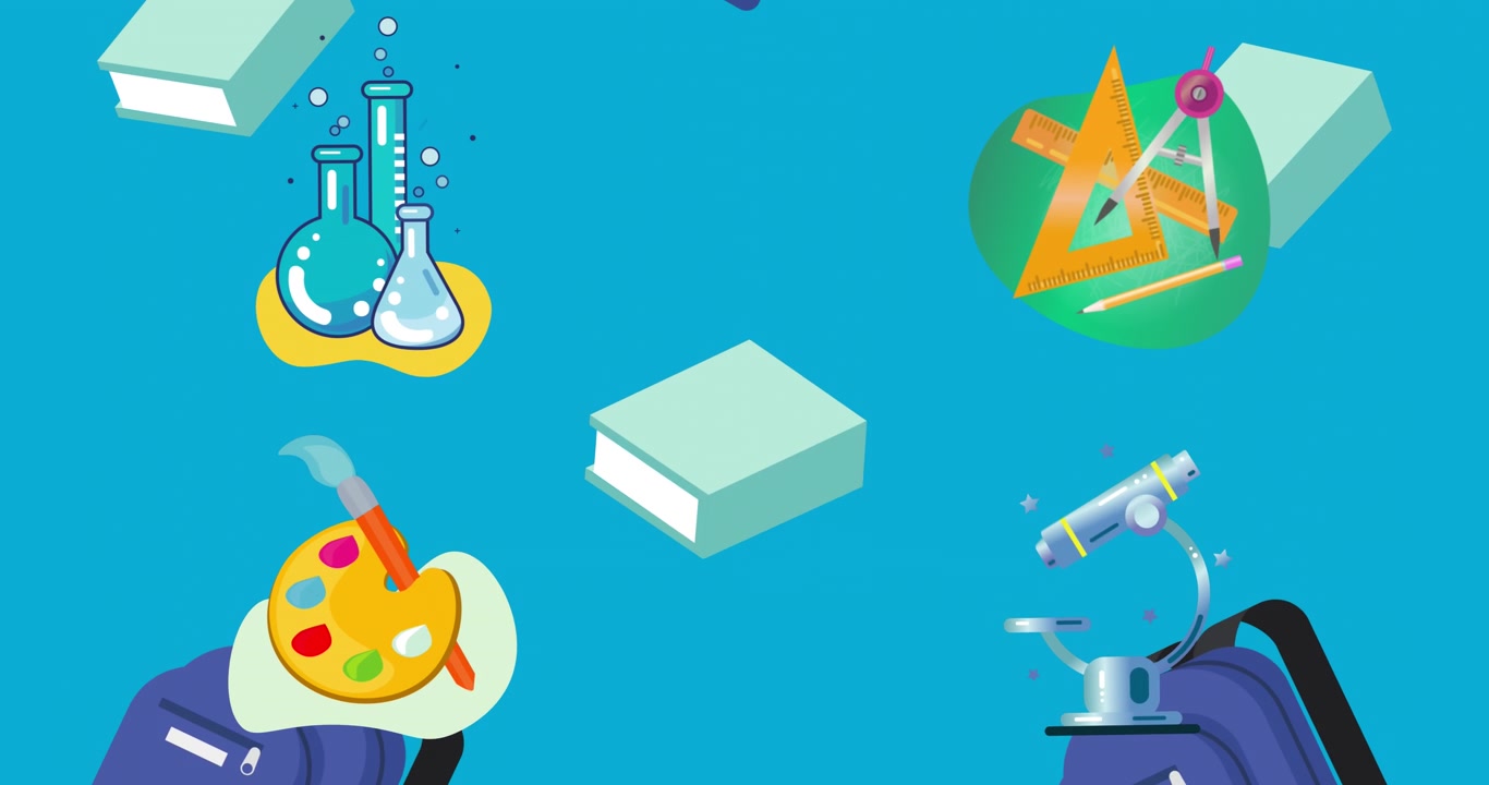 Animation of school items over blue background