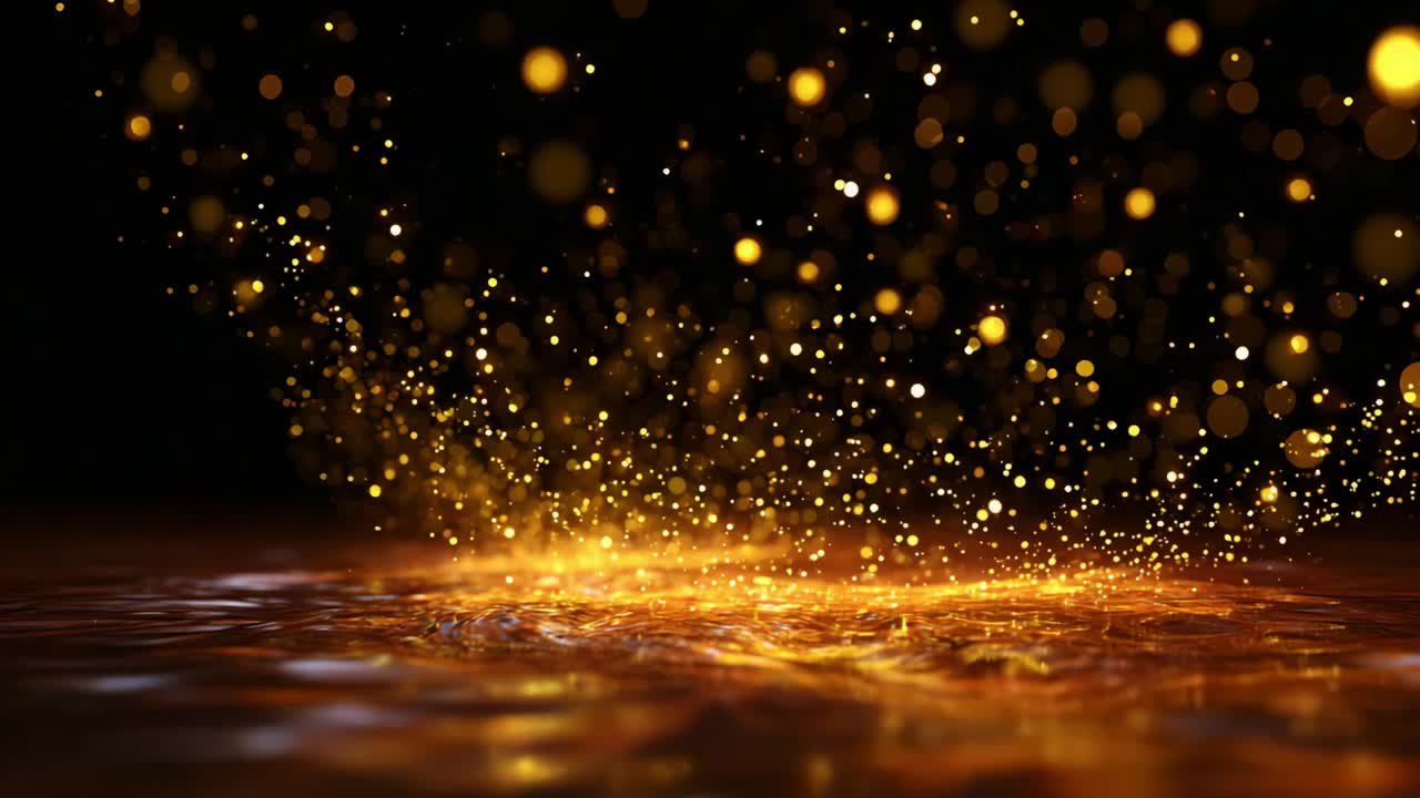 Captivating Display of Golden Particles on Water Surface, Evoking a Mystical Scene of Floating Lights and Sparkling Effects, Perfect for Visualizations of Magic, Celebration, or Artistic Flourish