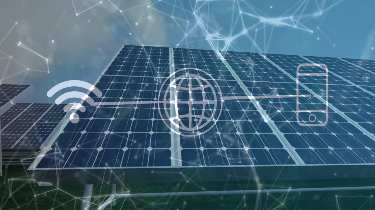 Digital network and connectivity icons overlaying solar panels in animation scene
