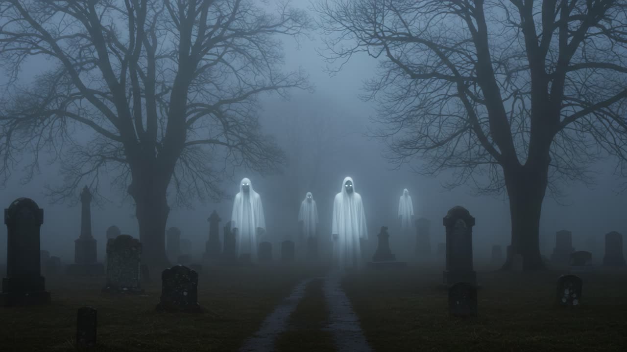 Eerie Spirits Haunt the Graveyard: A Sinister Encounter with Ghostly Figures Emerging from the Mist Among Gravestones in a Dark, Foggy Landscape