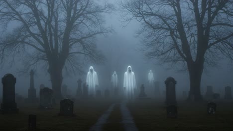 eerie spirits haunt the graveyard: a sinister encounter with ghostly figures emerging from the mist among gravestones in a dark, foggy landscape