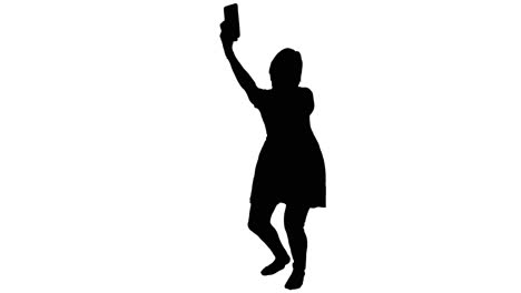 tourist girl is taking a selfie photo in front view, black and white silhouette for motion graphics effects