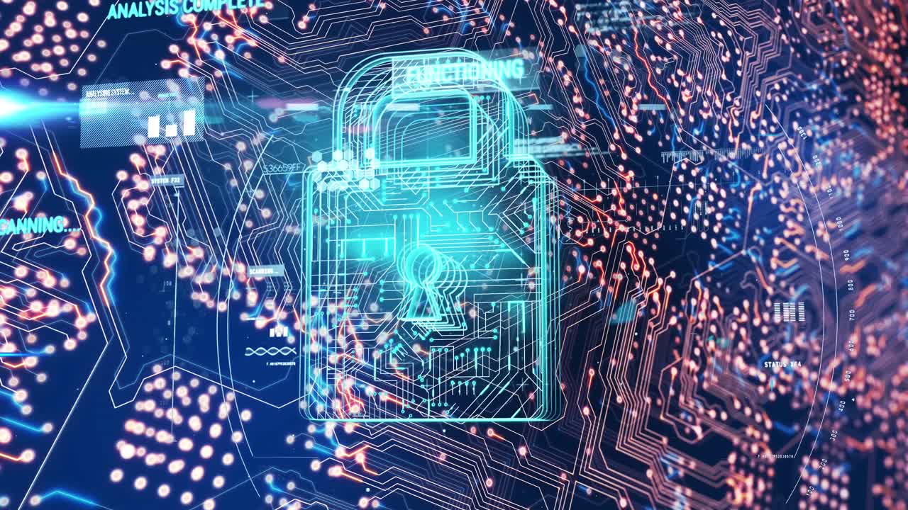 Animation of integrated circuit and digital padlock on navy background