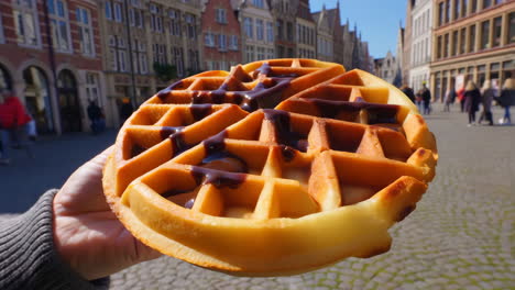 waffle with chocolate sauce on a european street