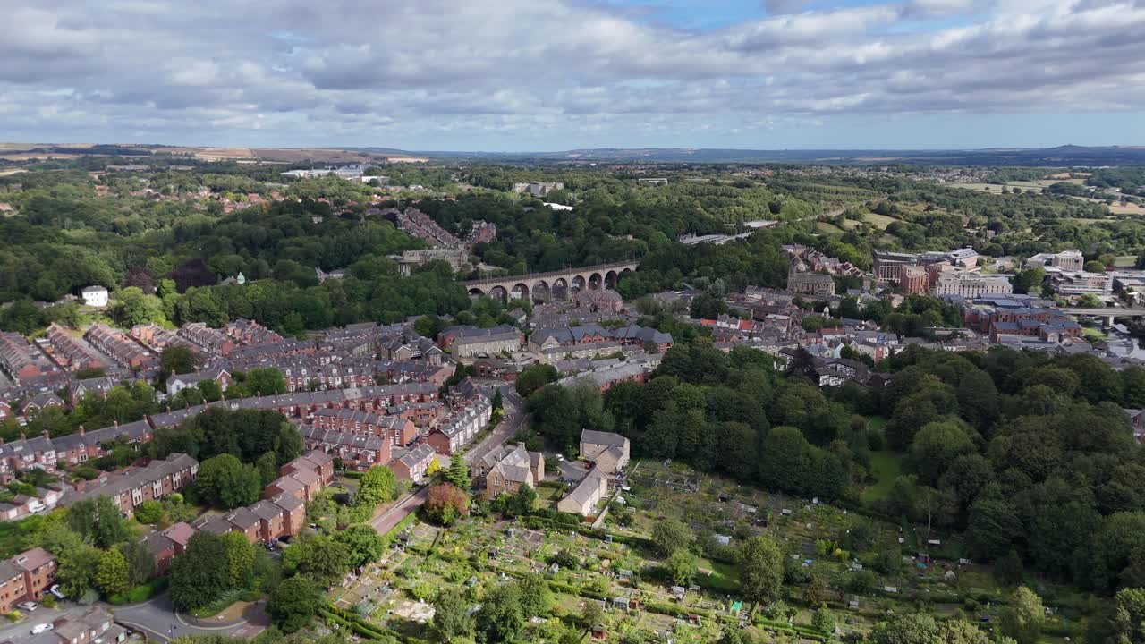 Aerial drone view of durham town city north east england uk cathedral university